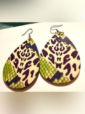 Leopard Snake Print Wood Teardrop Earrings